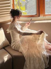 Sexy Mermaid Sweetheart Neckline White Lace Ruffles Long Evening Dress Prom Dresses SD2823