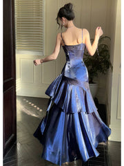 Retro Mermaid Spaghetti Straps Royal Blue Long Length Evening Dress Prom Dresses SD2824