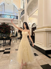 Pretty A Line Spaghetti Straps Tulle Chamapgne Ankle Length Evening Dress Prom Dresses SD2837