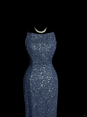 Vintage Mermaid Boat Neck Blue Sequin Backless Prom Gown Fairy Prom Dresses SD2911