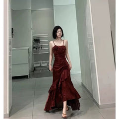 Vintage Mermaid Spaghetti Straps Burgundy Long Party Dresses Birthday Outfits SD2947