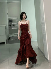 Vintage Mermaid Spaghetti Straps Burgundy Long Party Dresses Birthday Outfits SD2947