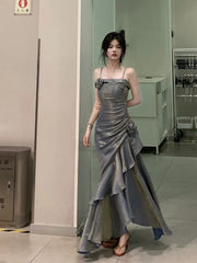 Vintage Mermaid Spaghetti Straps Gray Long Party Dresses Birthday Outfits SD2949