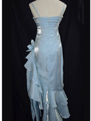 Retro Baby Blue Vintage Floral Dress Asymmetrical Hem Prom Gown SD2954