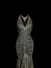 Vintage Mermaid V Neckline Gray Sequin Long Prom Gown Fairy Prom Dresses SD2958