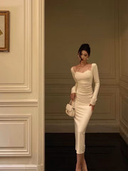 Sexy Sheath Straps Long Sleeves White Ankle Length Prom Dresses Birthday Dress SD412