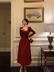 Simple A line Square Neckline Long Sleeves Red Prom Dresses Birthday Dress SD413