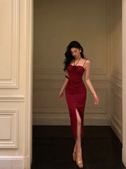 Sexy Sheath Halter Red Ankle Length Slit Prom Dresses Birthday Dress SD425