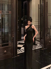 Sexy A Line One Shoulder Black Floor Length Prom Dresses Birthday Dress SD427
