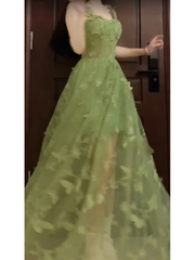 Retro A Line Spaghetti Straps Ankle length Green Lace Prom Dresses Birthday Outfits SD531
