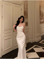 Chic Sheath Spaghetti Straps Long White Prom Dresses Birthday Outfits SD566