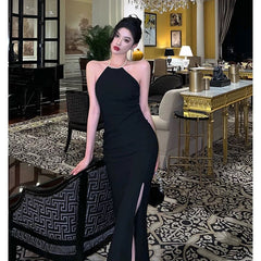 Sexy Mermaid Halter Neckline Black Satin Slit Prom Dresses Birthday Outfits SD619