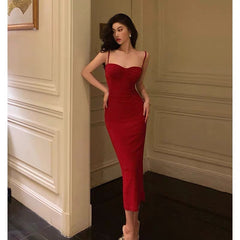 Sexy Sheath Spaghetti Straps Sleeveless Red Tea Length Prom Dresses Birthday Outfits SD661