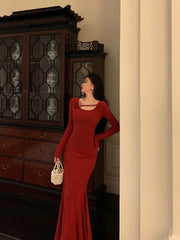 Gorgeous Mermaid Jewel Neckline Long Sleeves Date Night Dress Red Prom Dresses Birthday Outfits SD667