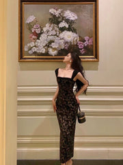 Classy Mermaid Square Neckline Sleeveless Black Lace Prom Dresses Birthday Outfits SD691