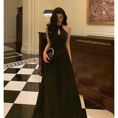 French A Line Halter Sleeveless Black Prom Dresses Birthday Outfits SD711