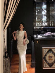 French Mermaid Jewel Sleeveless White Satin Prom Dresses Birthday Outfits SD738