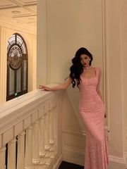 Sexy Sheath Square Neckline Pink Lace Prom Dresses Birthday Outfits SD749