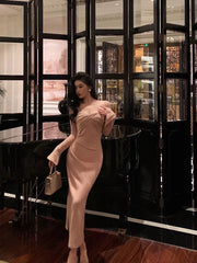Classy Sheath Square Neckline Long Sleeves Pink Prom Dresses Birthday Outfits SD759
