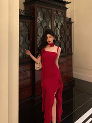 Stunning Sheath Spaghetti Straps Red Ruffles Date Night Dress Prom Dresses Birthday Outfit SD794