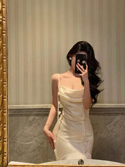 Classy Mermaid Spaghetti Straps White Floral Satin Prom Dresses Birthday Outfits Evening Gown SD876