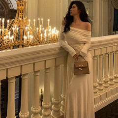 Simple Sheath Off The Shoulder Long Sleeves Ivory Prom Dresses Birthday Outfits Evening Gown SD923