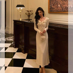 Simple A line V Neckline Ivory Long Prom Dresses Birthday Outfits Evening Gown SD924