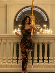 Sexy Sheath Strapless Black Floral Prom Dresses Birthday Outfits Evening Gown SD936