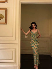 Sexy Mermaid Straps Floral Green Chiffon Prom Dresses Birthday Outfits Evening Gown SD943