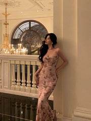 Elegant Sheath Spaghetti Straps Floral Pink Prom Dresses Birthday Outfits Evening Gown SD949