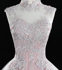Pink High Neck Tulle Lace Long Prom Dress, Pink Sweet 16 Gown
