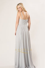 A-line Deep V-Neck Long Chiffon Bridesmaid Dresses with Spaghetti Straps