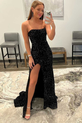 Sequin Strapless Mermaid Long Black Slit Prom Dress SH282