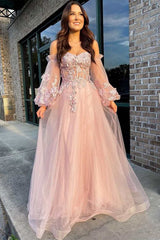 Pink Tulle Strapless Puff Sleeve A-Line Prom Dress SH356