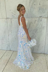 Sparkle white sequin prom dresses mermaid evening dress,v back prom dress SH420