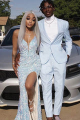 Shiny Mermaid Sequins White V Neck Long Prom Dress, Formal Evening Dresses SH551