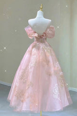A Line Pink Tulle Lace Off The Shoulder Prom Dresses, Formal Evening Dress SH554