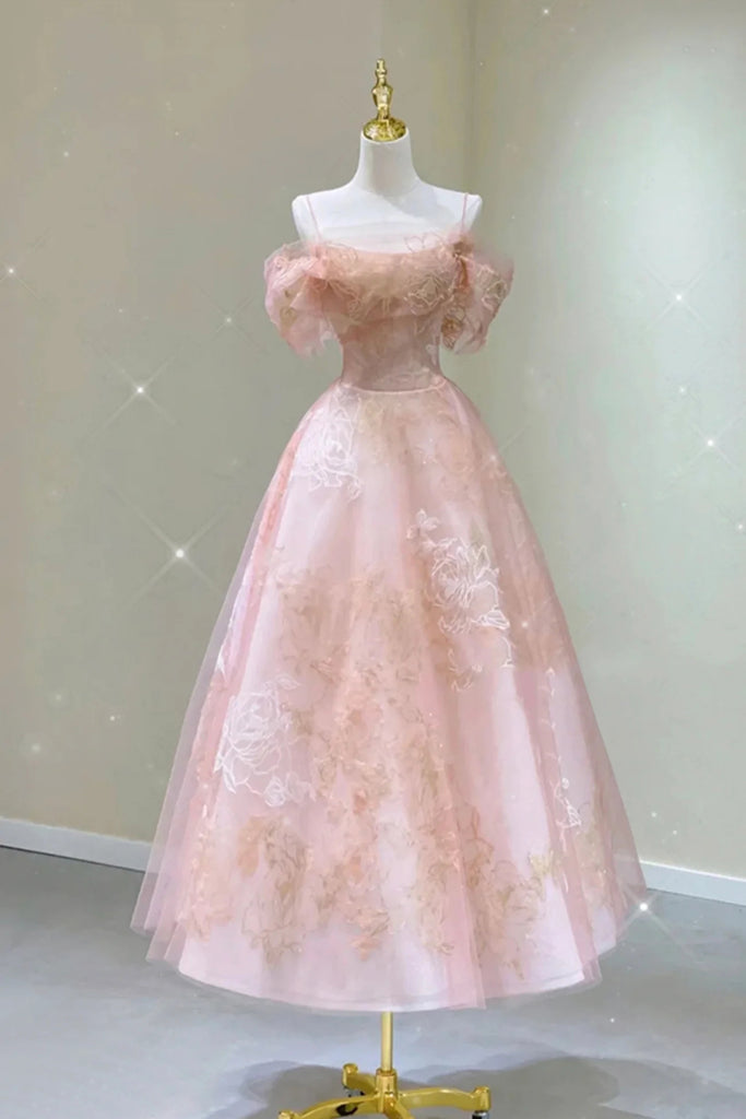 A Line Pink Tulle Lace Off The Shoulder Prom Dresses, Formal Evening Dress SH554
