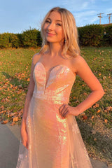 Sparkly Strapless Rose Gold Mermaid Lace Appliques Prom Dresses, Evening Dresses SH558