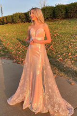 Sparkly Strapless Rose Gold Mermaid Lace Appliques Prom Dresses, Evening Dresses SH558