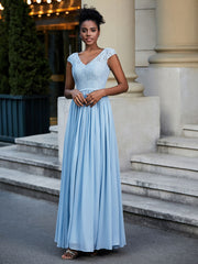 Lace and Chiffon Maxi Dress with Cap Sleeves-Sky Blue