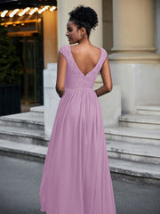 Lace and Chiffon Maxi Dress with Cap Sleeves-Wisteria