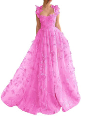Long Tulle Prom Dress with 3D Butterflies Sexy Slit Ball Gown Evening Dresses Party Wedding Formal