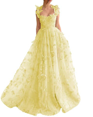Long Tulle Prom Dress 3D Butterflies Dress Ball Gown Evening Party Wedding Guest Formal Dress Slit