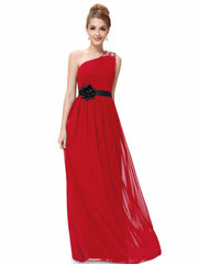 Graceful Flower Sash A-line One-shoulder Beading Long Bridesmaid Dress
