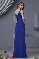 Royal Blue A-line V-neck Sleeveless Long Chiffon Bridesmaid Dresses