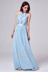 Sleek Chiffon Halter Neckline Backless Bridesmaid Dresses with Ruffles