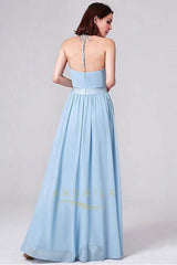 Sleek Chiffon Halter Neckline Backless Bridesmaid Dresses with Ruffles