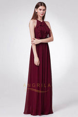 Sleek Chiffon Halter Neckline Backless Bridesmaid Dresses with Ruffles