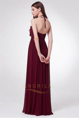 Sleek Chiffon Halter Neckline Backless Bridesmaid Dresses with Ruffles